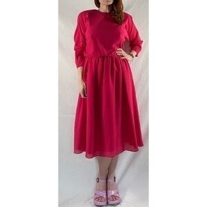 80’s Vintage Rose Pink Chiffon Fit and Flare Long Sleeve Midi Dress